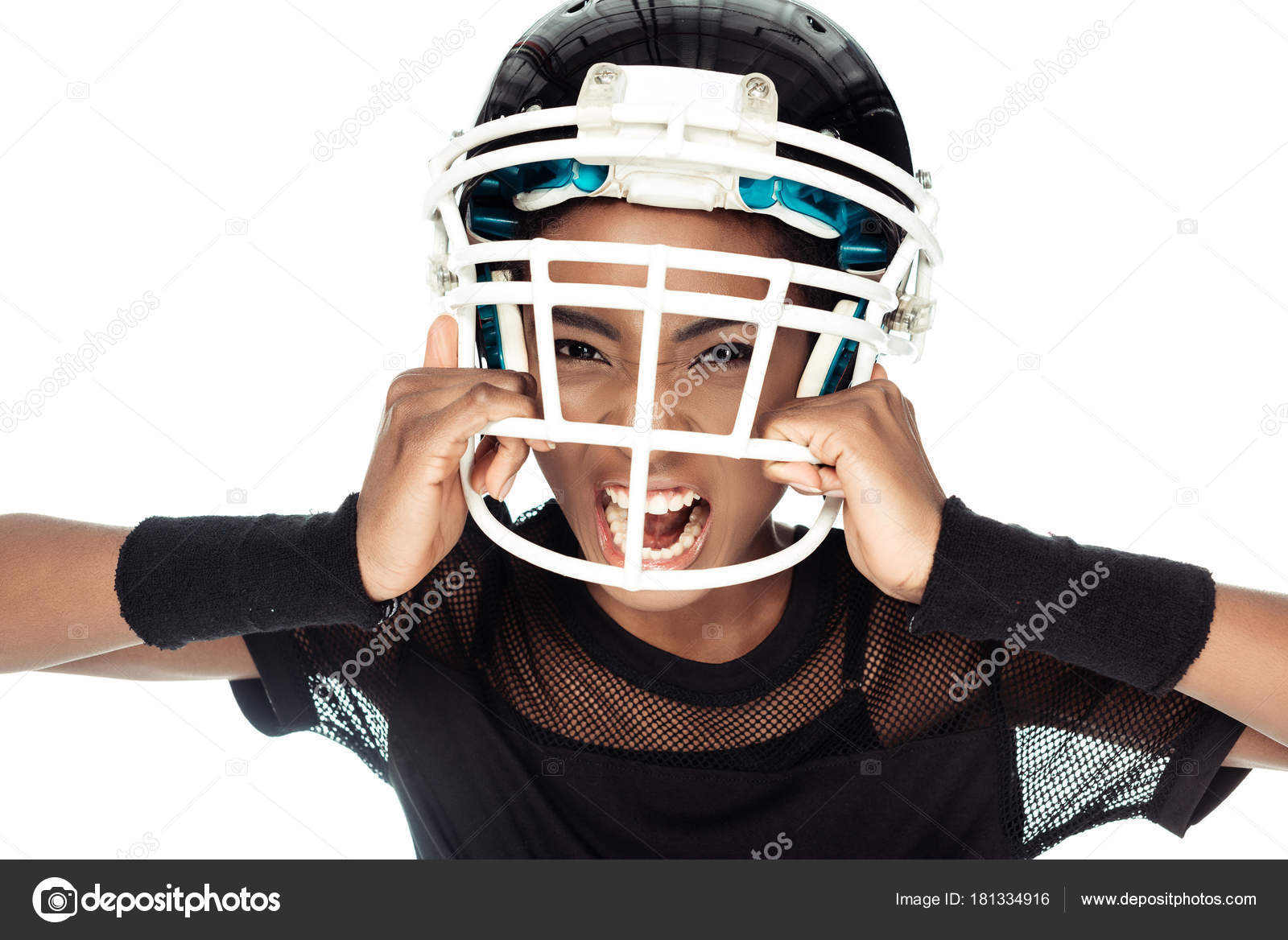 High Angle View Agressive Female American Football Player Trying