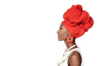 side view of african american woman in ethnic accessories  isolated on white clipart