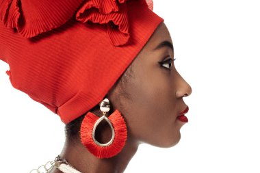 side view of young african american woman in wire head wrap isolated on white clipart