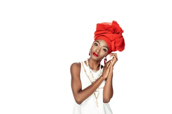 Stylish African American Woman Wire Head Wrap Isolated White — Stok Foto