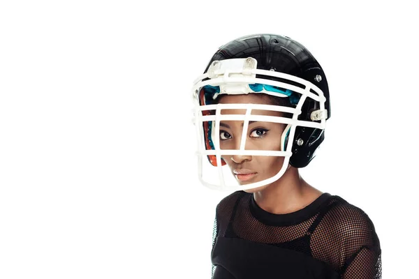 美国橄榄球运动员在白色防护头盔隔离 — 图库照片