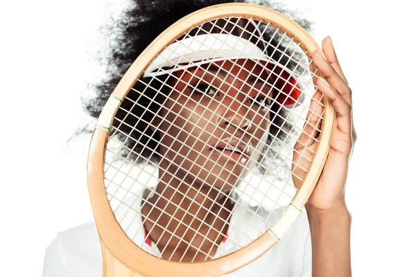 Close Portrait Young Female Tennis Player Holding Racket Front Face — Stock Photo, Image