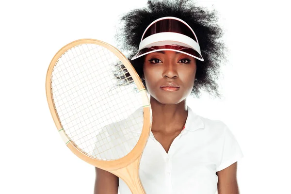 Female Tennis Player Cap Racket Isolated White — Stock Photo, Image