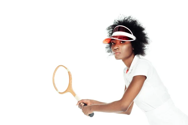 Joueuse Tennis Attente Servir Isolée Sur Blanc — Photo