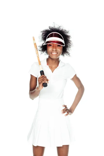 Mooie Gelukkig Tennisspeelster Met Racket Geïsoleerd Wit — Stockfoto