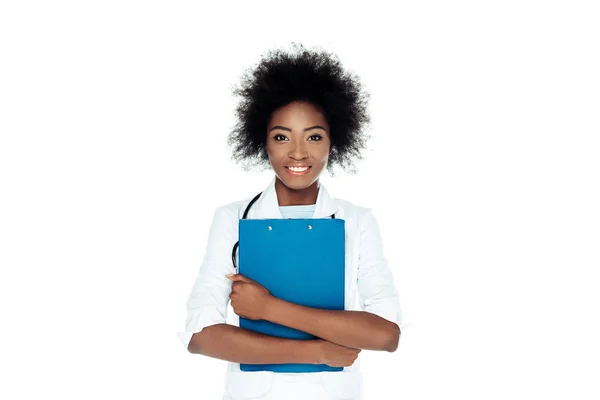 Attractive Female Doctor Clipboard Isolated White — Free Stock Photo