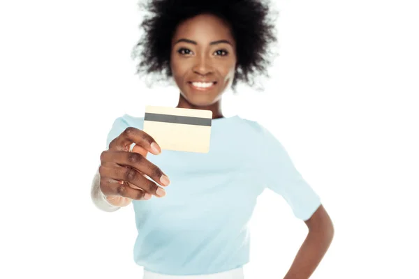Smiling Young Woman Showing Credit Card Cameraisolated White — Stock Photo, Image