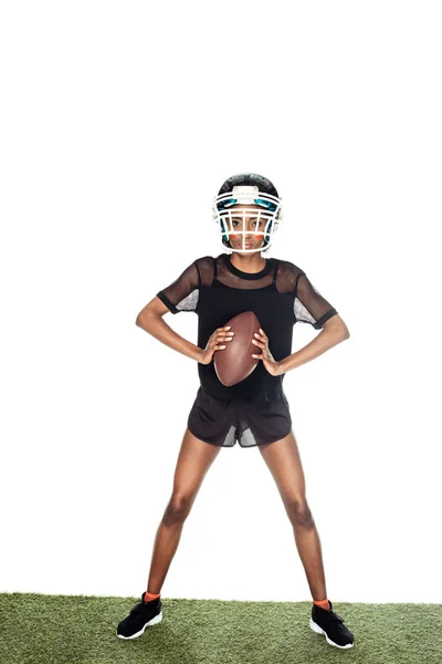 Equiped Female American Football Player Standing Grass Ball Isolated White — Free Stock Photo