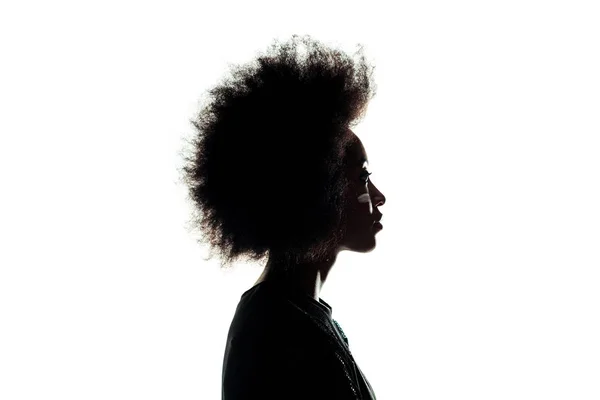 白で隔離アフロの髪型を持つアフリカ系アメリカ人女性のシルエット — ストック写真