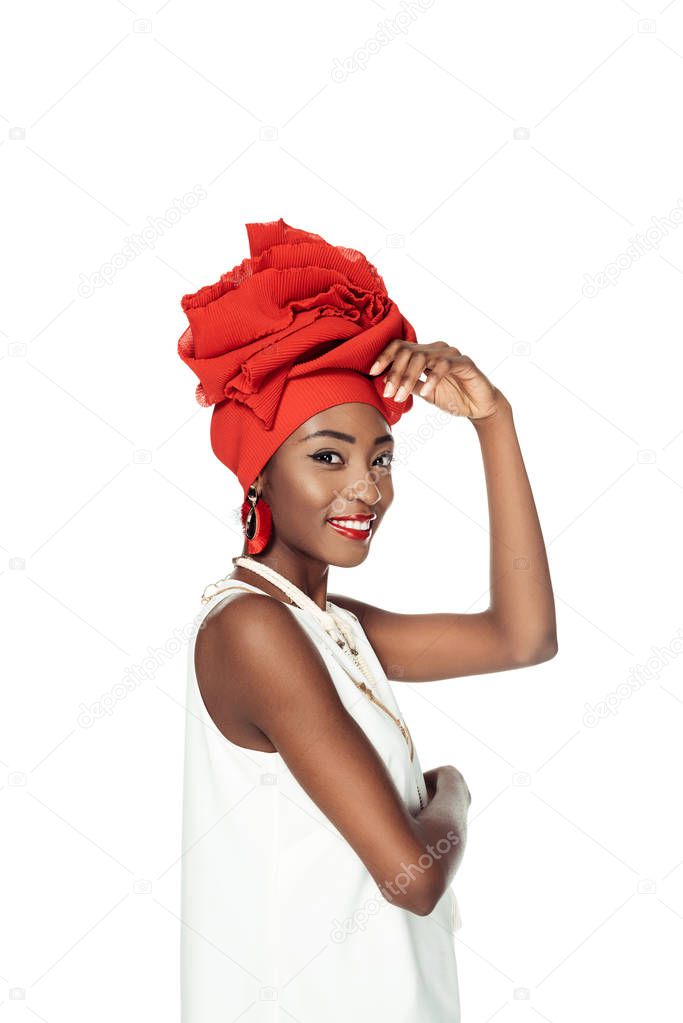 attractive african american woman in wire head wrap isolated on white