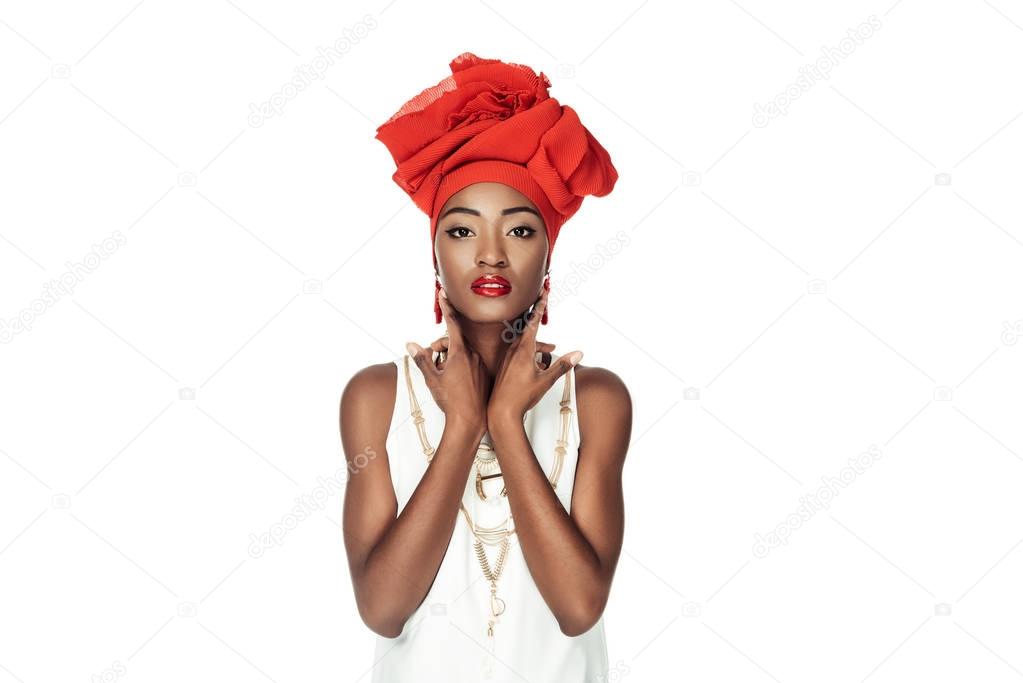 beautiful african american woman in wire head wrap isolated on white
