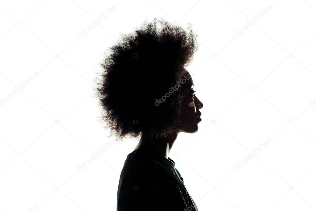 silhouette of african american woman with afro hairstyle isolated on white