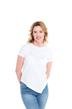 portrait of cheerful woman in white shirt looking at camera isolated on white clipart