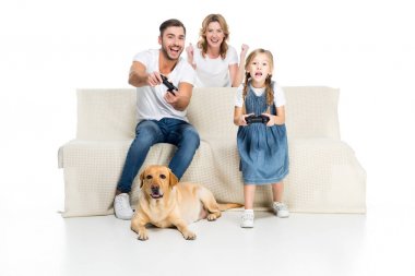 heyecanlı aile yanında oturmuş, üzerinde beyaz izole köpek ise oyun çubukları ile bilgisayar oyunu oynamak