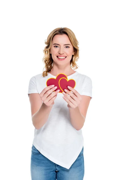 Portrait Cheerful Woman Heart Shaped Postcards Isolated White Valentines Day — Stock Photo, Image