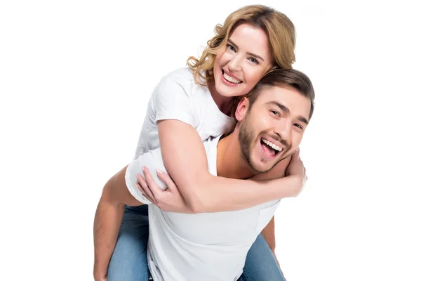 Excited Man Piggybacking His Smiling Girlfriend Isolated White — Stock Photo, Image