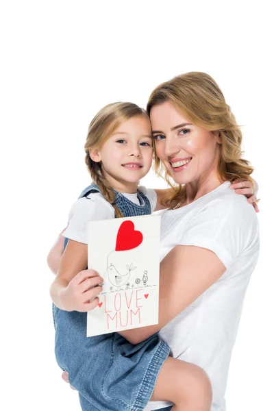 Mutter Und Tochter Mit Grußkarte Zum Muttertag Isoliert Auf Weiß — Stockfoto