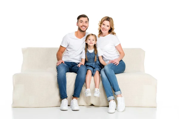 Happy European Family Sitting Sofa Isolated White — Stock Photo, Image