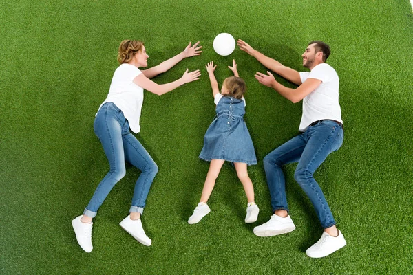 Pohled Rodiny Společně Hrát Volejbal Zeleném Trávníku — Stock fotografie zdarma