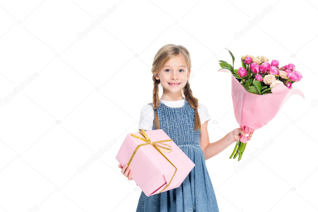 smiling kid with girl and bouquet of flowers, isolated on white