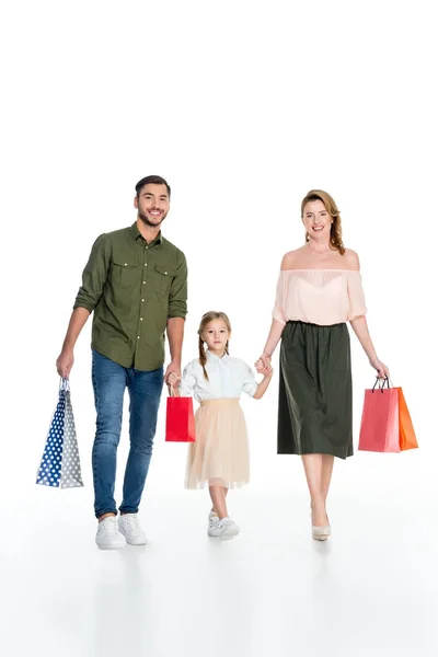 Smiling Stylish Family Shopping Bags Holding Hands Isolated White — Stock Photo, Image