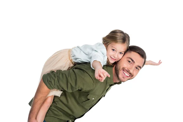 Glücklicher Vater Und Tochter Huckepack Zusammen Isoliert Auf Weiß — Stockfoto