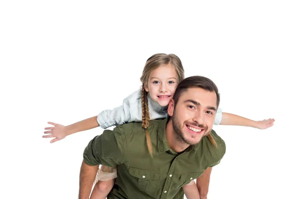 快乐的父亲和女儿一起骑在白色的孤立 — 图库照片