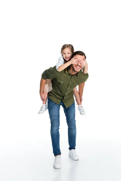 Feliz Padre Hija Piggybacking Juntos Aislado Blanco —  Fotos de Stock