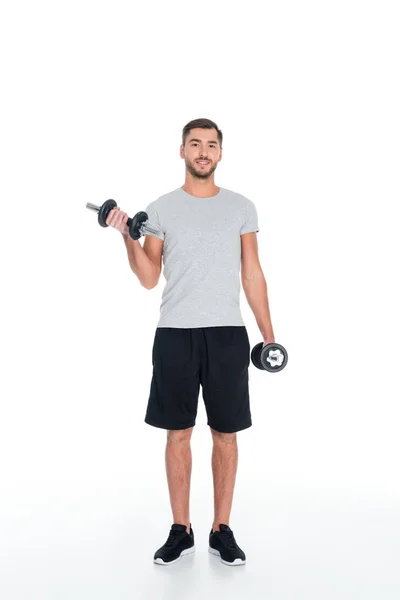 Desportista Exercício Com Halteres Isolados Branco — Fotografia de Stock