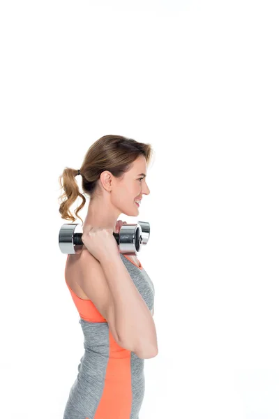 Side View Woman Sportswear Exercising Dumbbells Isolated White — Stock Photo, Image