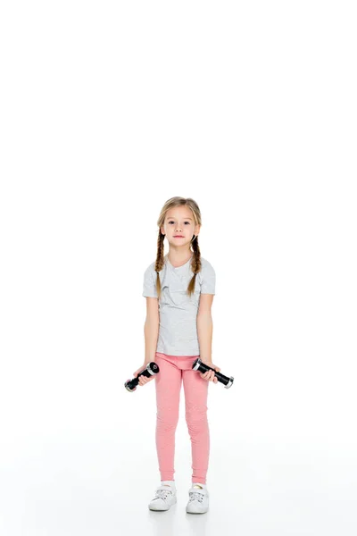 Kind Sportkleidung Trainiert Mit Hanteln Auf Weißem Untergrund — kostenloses Stockfoto