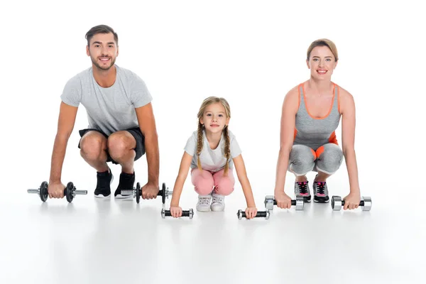 Pais Esportivos Filha Com Halteres Isolados Branco — Fotografia de Stock