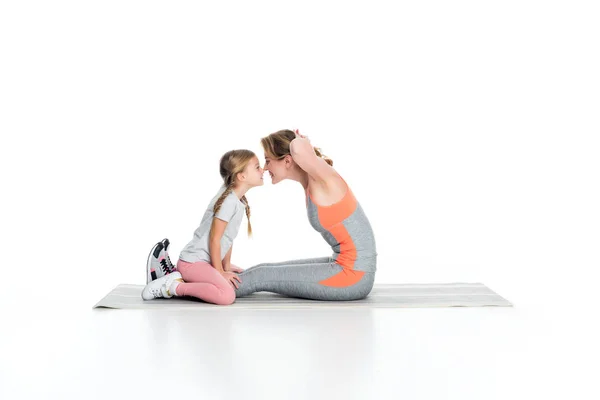 Sportive Mother Daughter Exercising Together Isolated White — Stock Photo, Image