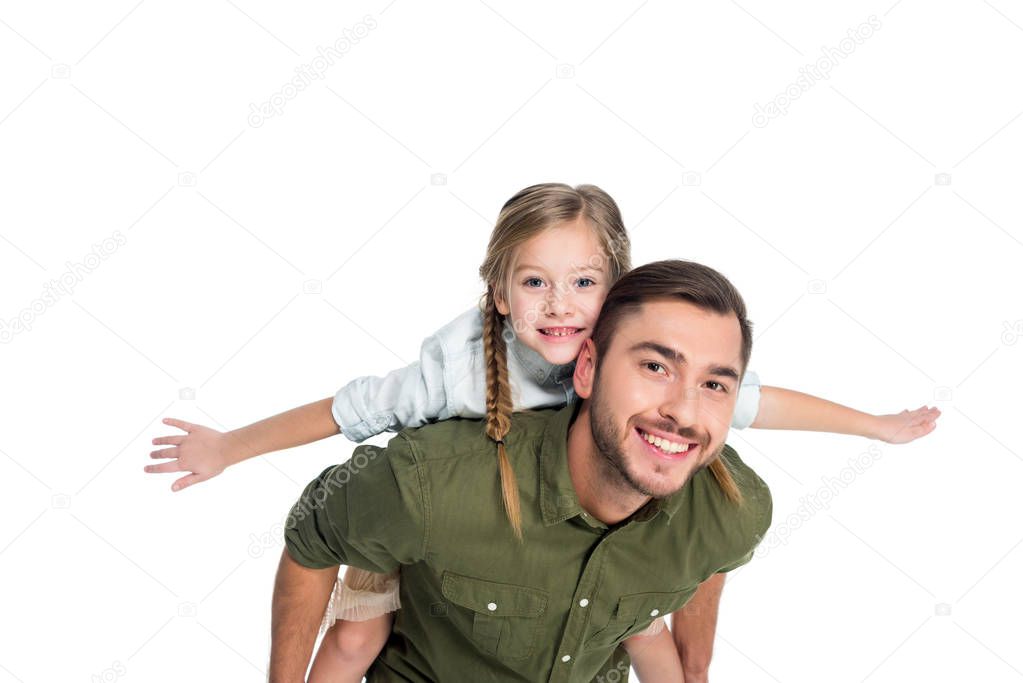 happy father and daughter piggybacking together isolated on white