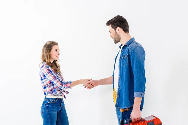 Vue Latérale Propriétaire Appartement Travailleur Serrant Les Mains Isolées Sur — Photo