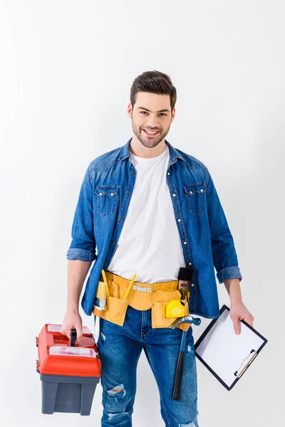 Smiling Handsome Worker Tools Box Clipboard — Stock Photo, Image