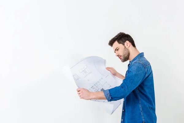 Side View Man Looking Blueprint Isolated White — Free Stock Photo