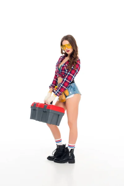 Brunette Girl Posing Tool Belt Toolbox Isolated White — Stock Photo, Image