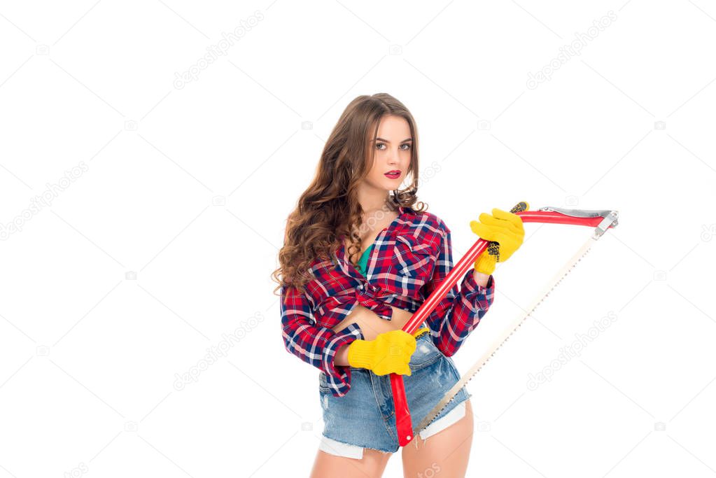 attractive seductive girl posing with bow saw, isolated on white