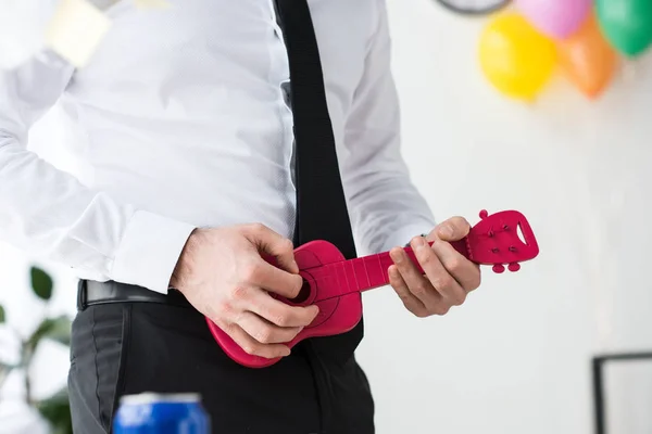 Cropped Shot Businessman Pretending Play Toy Guitar Office — Stock Photo, Image