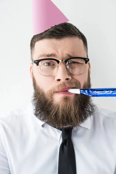 Retrato Hombre Negocios Con Cono Fiesta Cabeza Aislado Gris — Foto de stock gratis