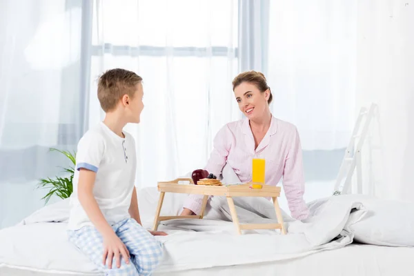 Little Son Giving Breakfast Bed Mother — Stock Photo, Image