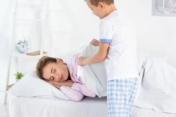 Little Son Taking Care Sleeping Mother — Stock Photo, Image