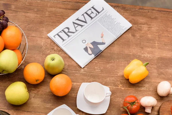 High Angle View Travel Newspaper Fruits Vegetables Wooden Table — Stock Photo, Image