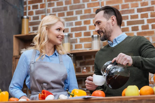 Husband Pouring Coffee Cup Wife — Stock Photo, Image