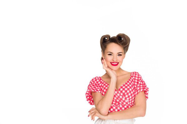 portrait of beautiful smiling woman in retro style clothing isolated on white