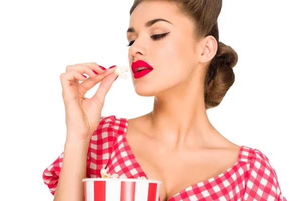 Portret Van Mooie Jonge Vrouw Met Popcorn Geïsoleerd Wit — Stockfoto