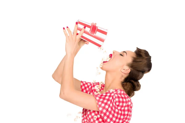 Side View Stylish Young Woman Eating Popcorn Isolated White — Stock Photo, Image