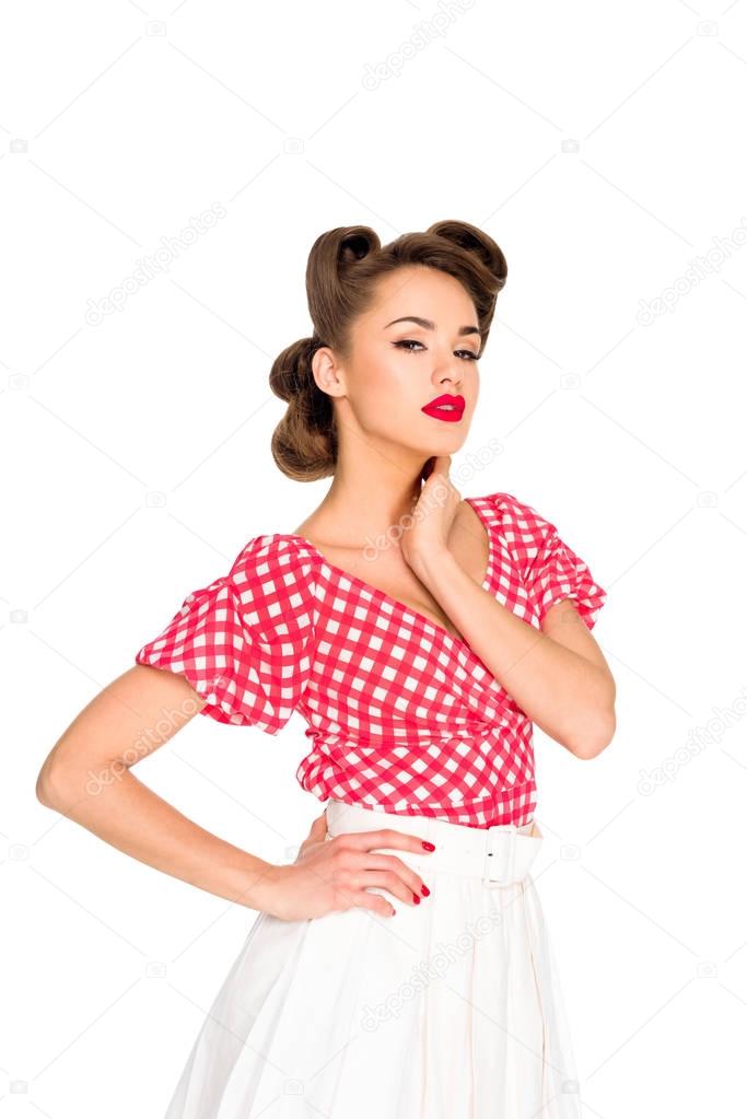 portrait of attractive young woman in retro style clothing isolated on white