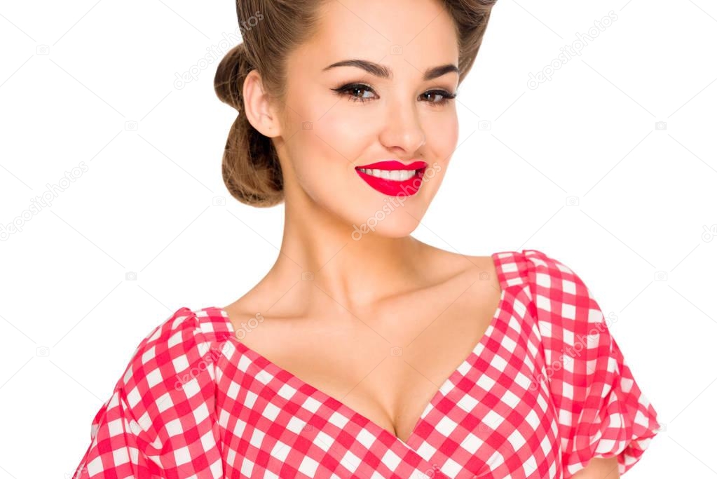 beautiful smiling woman in retro style clothing isolated on white